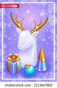 Realistic 3D Isometric illustration. Merry Christmas and Happy New Year 2023. Large figure of a white deer with golden horns and cone-shaped Christmas trees. Gift box with a gold ribbon.