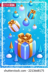Realistic 3D Isometric illustration. Merry Christmas and Happy New Year 2023. Decorative Christmas trees, a gift box with a gold ribbon. Hanging Christmas balls of different colors. Holiday greeting c