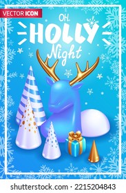Realistic 3D Isometric illustration. Merry Christmas and Happy New Year 2023.Large figure of a blue deer with golden horns. Decorative Christmas trees with a gift box with a gold ribbon.