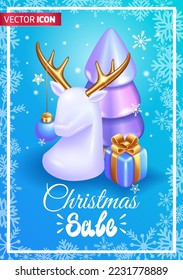 Realistic 3D Isometric illustration. Poster of the Christmas sale. Minimalist design with a white deer with golden horns and beautiful Christmas tree. Happy New Year 2023.