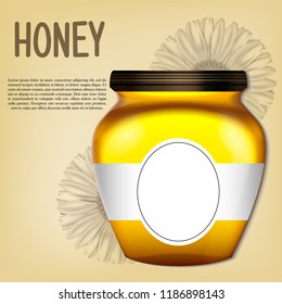Realistic 3d jar of honey. Vector retro illustration