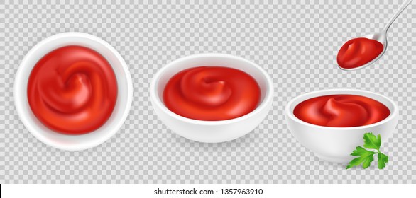 Realistic 3d ketchup in bowl and spoon with parsley. Tomato sauce set isolated on transparent background. Spice dressing composition in ramekin. Side and top view, vector illustration for food