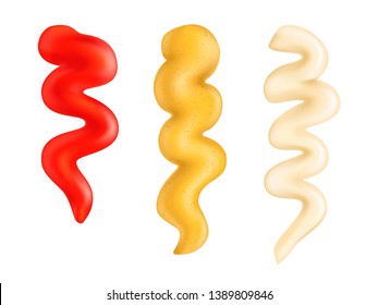 Realistic 3d ketchup, french mustard and mayonnaise strips set. Fast food sauce drop isolated on white background. Spice dressing collection. Top view, vector illustration for food packaging. Realism.