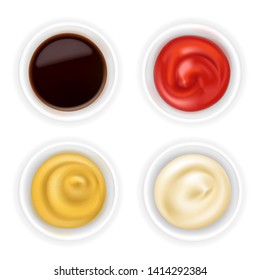 Realistic 3d Ketchup, French Mustard, Soy Sauce And Mayonnaise In Bowl Set Isolated On White Background. Spice Dressing Composition In Ramekin. Top View, Vector Illustration For Food Packaging