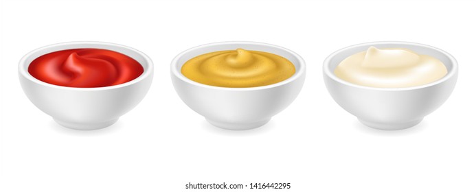 Realistic 3d ketchup, french mustard and mayonnaise in bowl set. Tomato sauce isolated on white background. Spice dressing composition in ramekin. Side view, vector illustration for food packaging