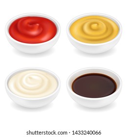 Realistic 3d ketchup, french mustard, soy sauce and mayonnaise in bowl set isolated on white background. Spice dressing composition in ramekin. Side view, vector illustration for food packaging