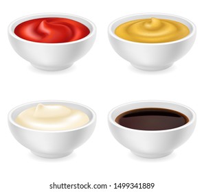 ketchup 3d realista, mostaza francesa, salsa de soja y mayonesa en tazón aislado en fondo blanco. Composición de las especias en ramekin. Vista lateral, ilustración vectorial para el embalaje de alimentos