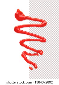 Realistic 3d Ketchup illustration. Flowing red tomato sauce isolated on white background. Pasta condiment vector illustration. Top view