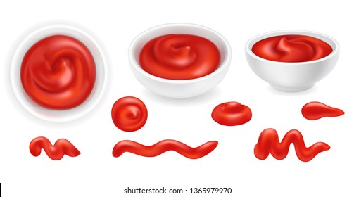 Realistic 3d ketchup set. Tomato sauce drops set isolated on white background. Spice dressing composition in ramekin. Side and top view, vector illustration for food packaging. Realism.
