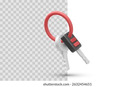 Llavero realista 3D con dos llaves y etiqueta de plástico, aislado sobre fondo transparente. Ilustración vectorial perfecta para el control de acceso, la seguridad del automóvil, los sistemas de cerradura de puertas o los conceptos de llave digital.