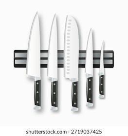 Juego de cuchillos de cocina 3D realista tipos de cuchillos de carne para cocinar. Cocina. Vector