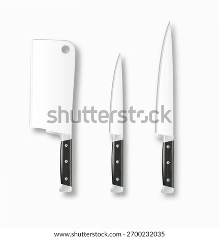 Realistic 3D kitchen knife set meat cleaver types of cutlery for cooking. Kitchen. Vector