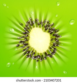 Realistic 3d Kiwi background. Kiwi fruit close-up in a cut with water drops. Background design in green tones. It is used as a fabric pattern. T-shirt design. Vector