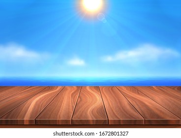 Paisaje 3D realista. La superficie vectorial de madera se encuentra frente al mar, el cielo azul y el sol brillante. El tiempo en verano es tranquilo, el sol está en su apogeo. Colocar el texto, los objetos y el espacio de copia.