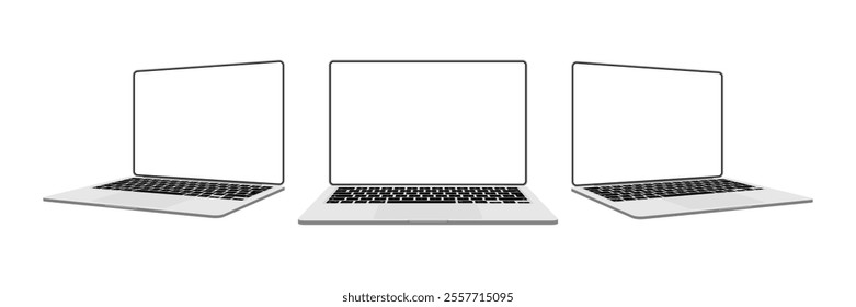 Realistic 3D Laptop Mockups: Silver Color Set from Various Angles with White Screens on White Background