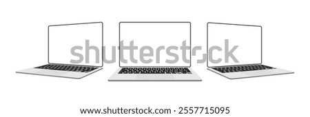 Realistic 3D Laptop Mockups: Silver Color Set from Various Angles with White Screens on White Background