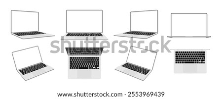 Realistic 3D Laptop and Notebook Computer Mockup: Blank Screen on White Background with Front, Side, Top, and Perspective Angle Views. Vector.