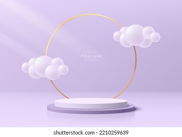 Realistic 3D lavender purple cylinder pedestal podium with golden ring and white cloud flying background. Abstract minimal scene mockup products display. Round stage showcase. Vector geometric forms.