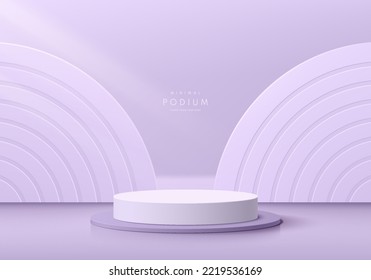 Realistic 3D lavender purple , white cylinder pedestal podium with abstract circles radial pattern background. Minimal wall scene mockup products display. Round stage showcase. Vector geometric forms.