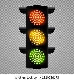 Realistic 3d led traffic lights isolated on transparent background. Vector illustration.