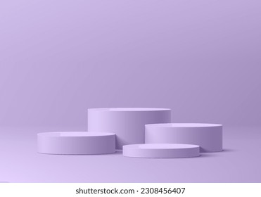 Realistic 3D level purple cylinder pedestal podium background set. Wall minimal scene mockup products stage showcase, Cosmetic banner promotion display. 3D abstract vector empty geometric platforms.