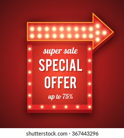 Realistic 3D light background. Retro rectangle frame and arrow with light glowing bulbs. Vector design element for your text, Advertising, Promotions.