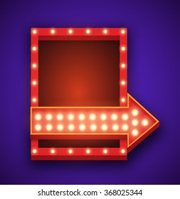 Realistic 3D light background. Retro rectangle frame and arrow with light glowing bulbs. Vector design element for your text, Advertising, Promotions.