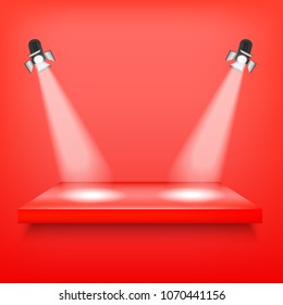 Realistic 3d Light Box with Platform on Red Background for Design Performance, Show, Exhibition. Vector illustration of Lightbox Studio Interior