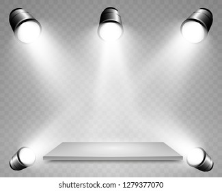 
Realistic 3d Light Box with platform background for design performance, show, exhibition. Vector illustration of Lightbox Studio Interior. Podium with spotlights.