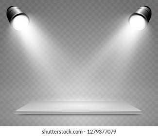 
Realistic 3d Light Box with platform background for design performance, show, exhibition. Vector illustration of Lightbox Studio Interior. Podium with spotlights.