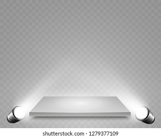 
Realistic 3d Light Box with platform background for design performance, show, exhibition. Vector illustration of Lightbox Studio Interior. Podium with spotlights.