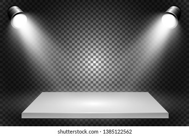Realistic 3d Light Box with platform background for design performance, show, exhibition. Vector illustration of Lightbox Studio Interior. Podium with spotlights.