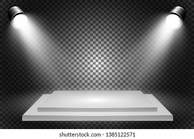 Realistic 3d Light Box with platform background for design performance, show, exhibition. Vector illustration of Lightbox Studio Interior. Podium with spotlights.
