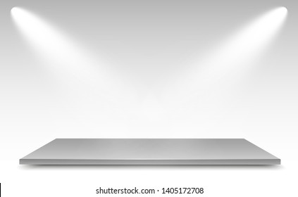 Realistic 3d Light Box with platform background for design performance, show, exhibition. Vector illustration of Lightbox Studio Interior. Podium with spotlights.