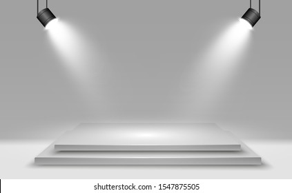 Realistic 3d Light Box with platform background for design performance, show, exhibition. Vector illustration of Lightbox Studio Interior. Podium with spotlights.