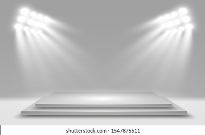 Realistic 3d Light Box with platform background for design performance, show, exhibition. Vector illustration of Lightbox Studio Interior. Podium with spotlights.