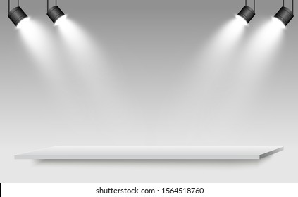 Realistic 3d Light Box with platform background for design performance, show, exhibition. Vector illustration of Lightbox Studio Interior. Podium with spotlights.