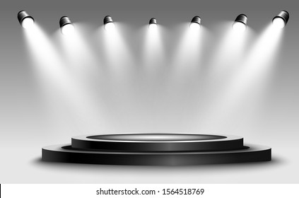 Realistic 3d Light Box with platform background for design performance, show, exhibition. Vector illustration of Lightbox Studio Interior. Podium with spotlights.