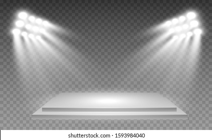 Realistic 3d Light Box with platform background for design performance, show, exhibition. Vector illustration of Lightbox Studio Interior. Podium with spotlights.