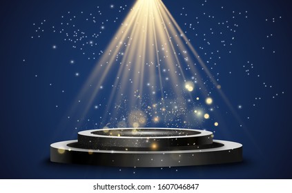 Realistic 3d Light Box with platform background for design performance, show, exhibition. Vector illustration of Lightbox Studio Interior. Podium with spotlights.