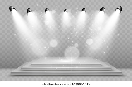 Realistic 3d Light Box with platform background for design performance, show, exhibition. Vector illustration of Lightbox Studio Interior. Podium with spotlights.