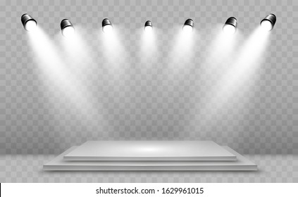 Realistic 3d Light Box with platform background for design performance, show, exhibition. Vector illustration of Lightbox Studio Interior. Podium with spotlights.