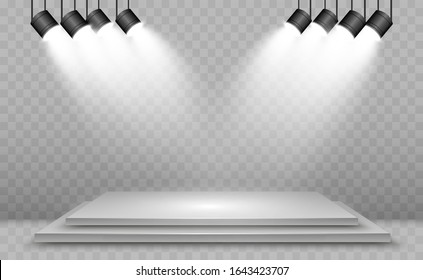 Realistic 3d Light Box with platform background for design performance, show, exhibition. Vector illustration of Lightbox Studio Interior. Podium with spotlights.