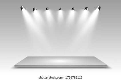 Realistische 3D-Light Box mit Plattformhintergrund für Design-Performance, Show, Ausstellung. Vektorgrafik von Lightbox Studio Interior. Podium mit Scheinwerfern.