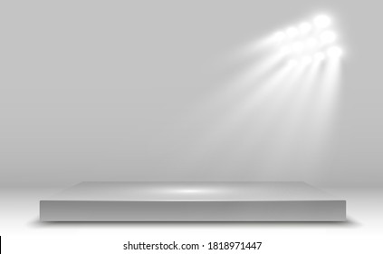 Realistic 3d Light Box with platform background for design performance, show, exhibition. Vector illustration of Lightbox Studio Interior. Podium with spotlights.	