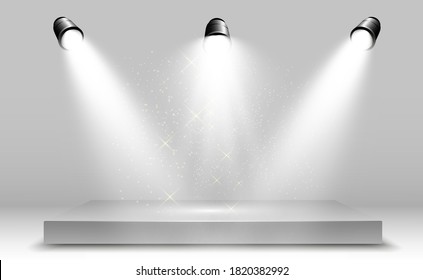3d Light Box realista con fondo de plataforma para el diseño, espectáculo, exhibición. Ilustración vectorial de Lightbox Studio Interior. Podio con focos.
