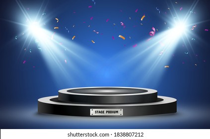 Realistic 3d Light Box with platform background for design performance, show, exhibition. Vector illustration of Lightbox Studio Interior. Podium with spotlights.