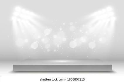 Realistic 3d Light Box with platform background for design performance, show, exhibition. Vector illustration of Lightbox Studio Interior. Podium with spotlights.