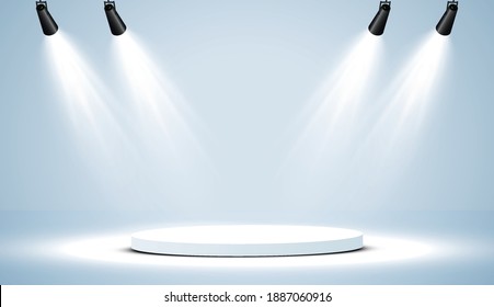 Realistic 3d Light Box with platform background for design performance, show, exhibition. Vector illustration of Lightbox Studio Interior. Podium with spotlights.