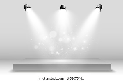 3d Light Box realista con fondo de plataforma para el diseño, espectáculo, exhibición. Ilustración vectorial de Lightbox Studio Interior. Podio con focos.	